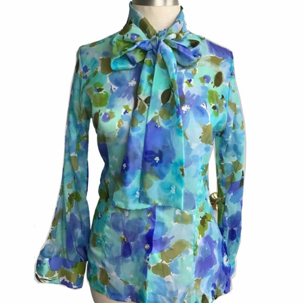 Vtg 70s Sheer Watercolor Floral Tie Neck Blouse 13